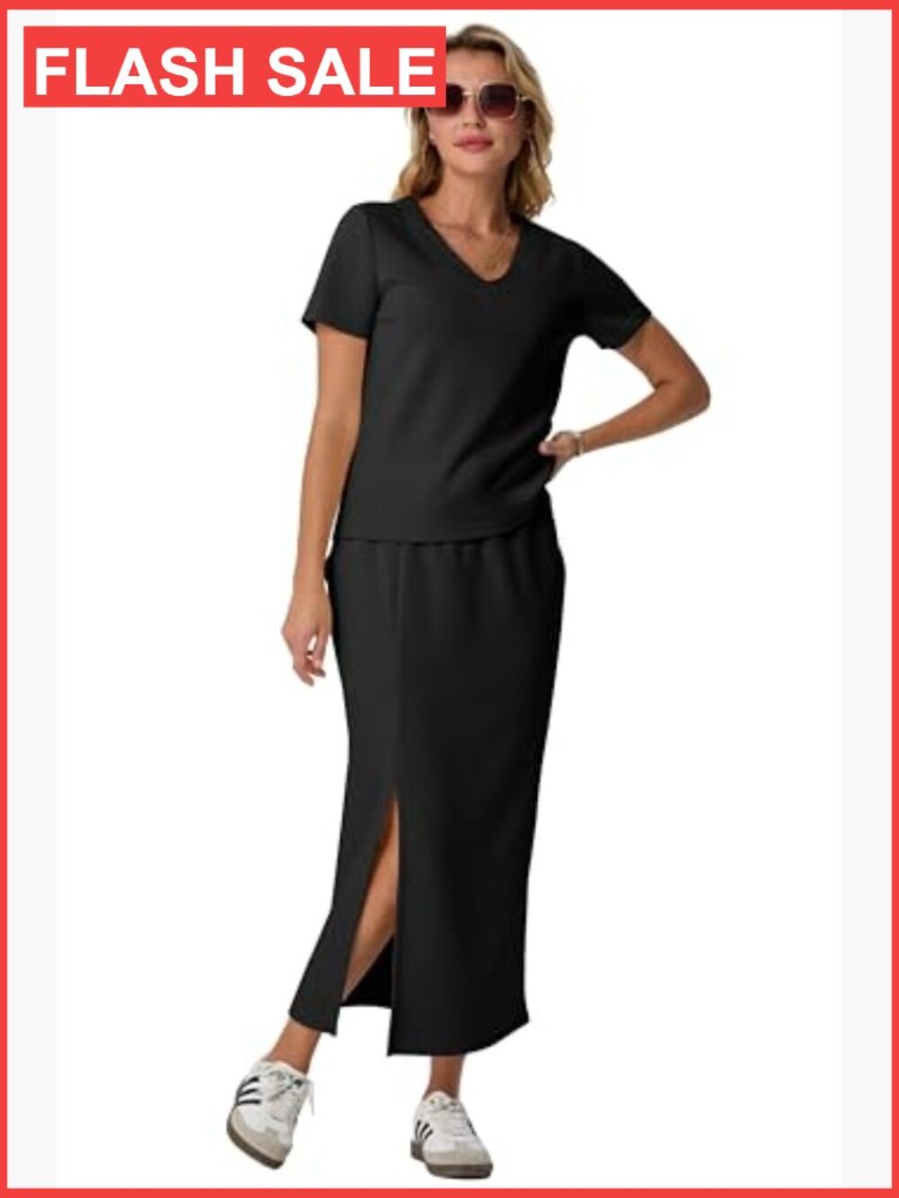 V-Neck Short Sleeve Top & Side Slit Midi Skirt Set with Pockets - Picture 5 of 7